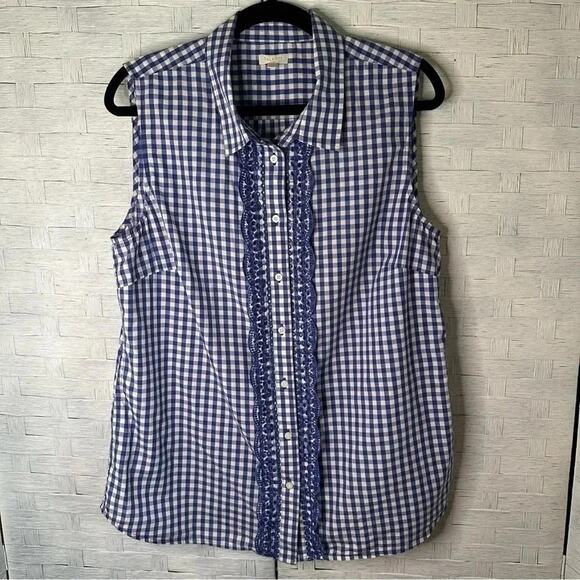 Talbots Tops - Tablots Royal blue & white gingham button down shirt eyelet lace ruffle front